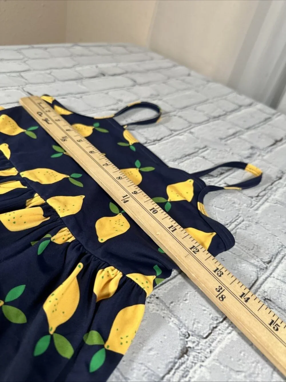 Hanna Andersson Lemon Tankini Swim Top Size 140 CM 10 Navy Blue Yellow Girls